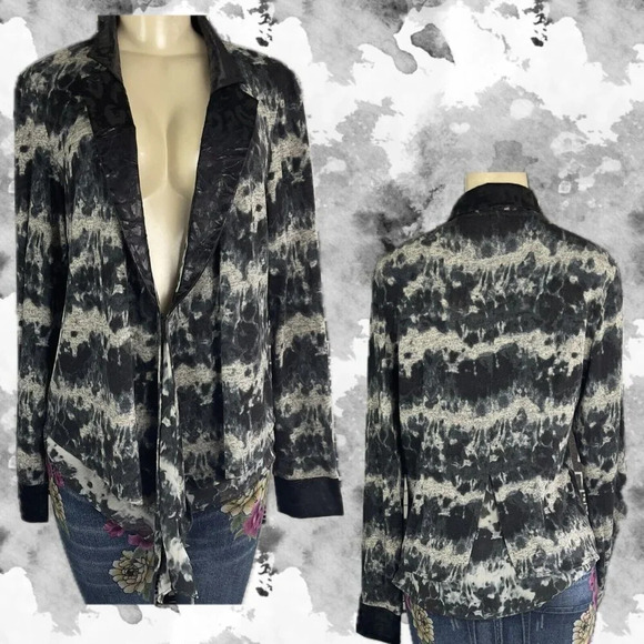 Alberto Makali L Black-Gray Print Draped Faux Leather Trim Long Sleeve Jacket - Picture 1 of 6